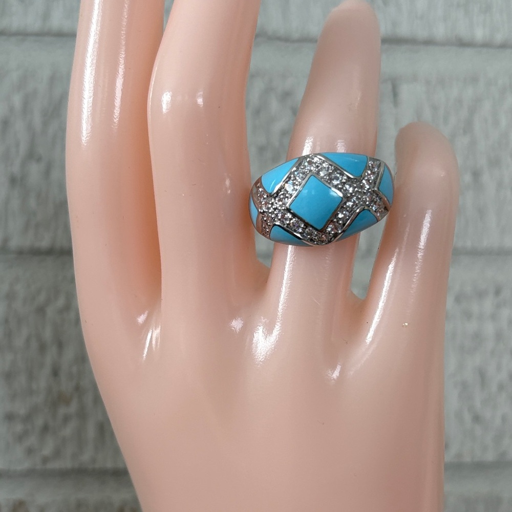 Eric Grossbardt Turquoise Inlay Diamonique CZ Channel Set Ring Sterling Size 10 - Picture 5 of 13